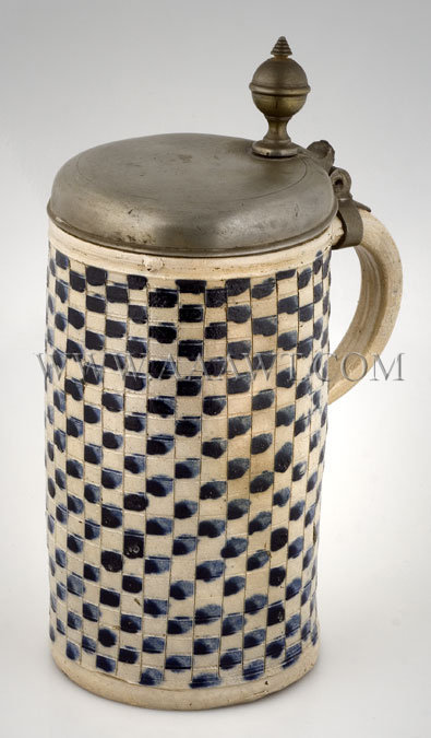Westerwald
Salt Glazed Stoneware
With checkerboard motif...fitted with pewter lid
Mid-18th Century, entire view